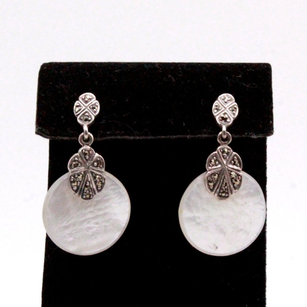 Sterling Silver ND Mother of Pearl MOP Marcasites Long Dangly Earrings